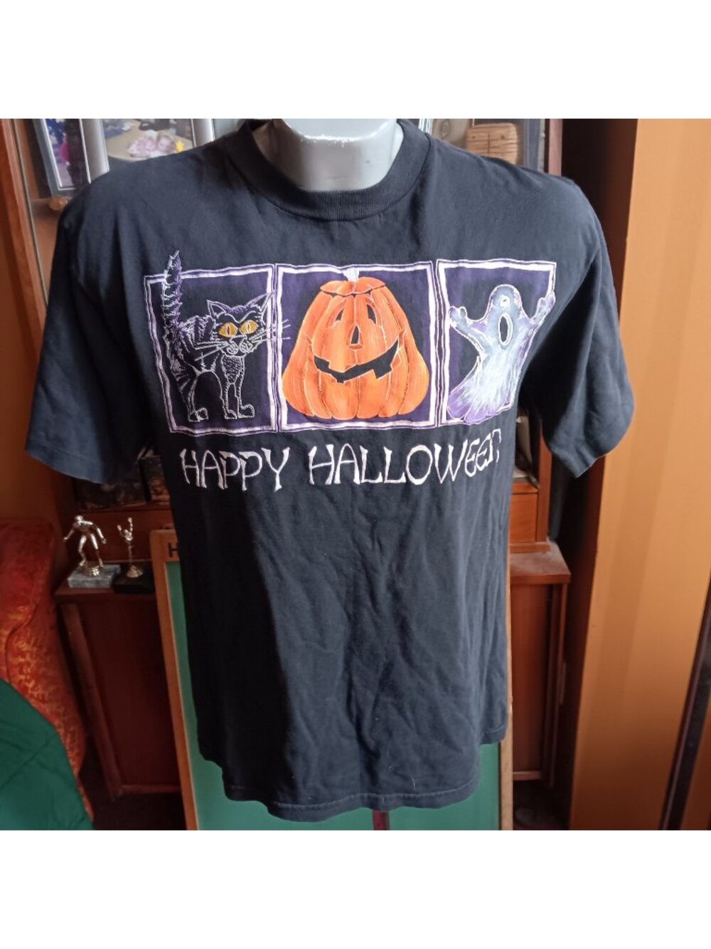 Medium Vintage 1990s Halloween T-shirt Dreamcatcher 96 Black Cat Pumpkin Ghost M